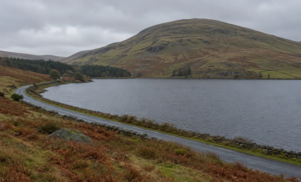 A reservoir in open moorland, a road along its shore and a large rounded hill beyond.