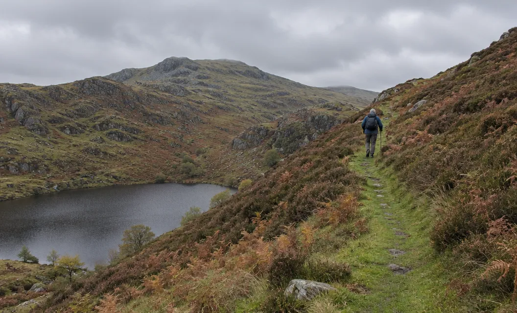 A grassy path climbing a heathery hillside above a small lake in a hollow.
