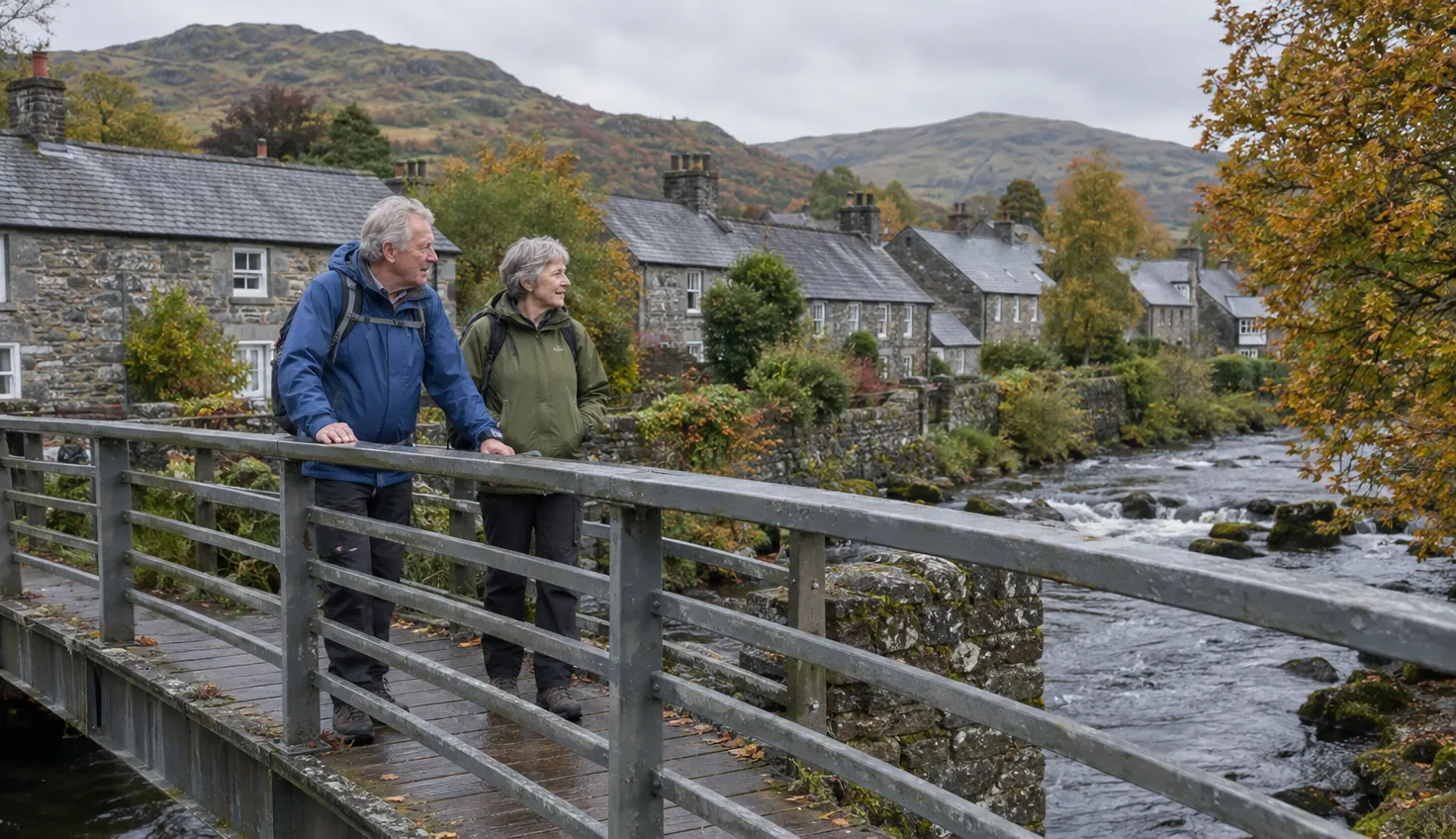 Illustration of two walkers on a river footbridge beside stone cottages.