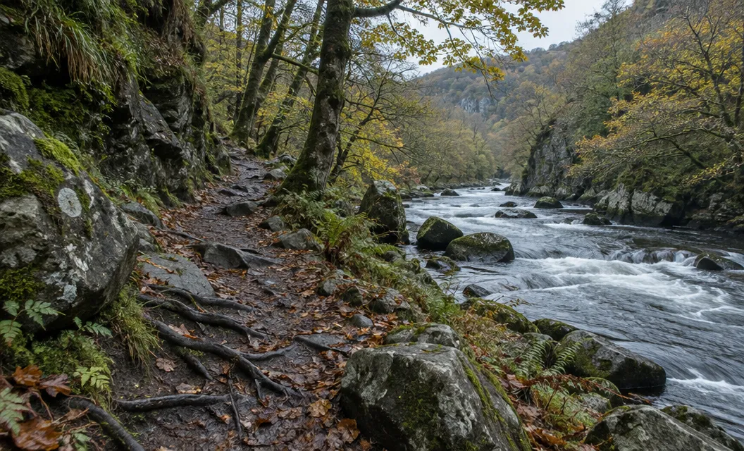 A narrow rocky path beside a wooded gorge, an illustration of the gorge scenery.