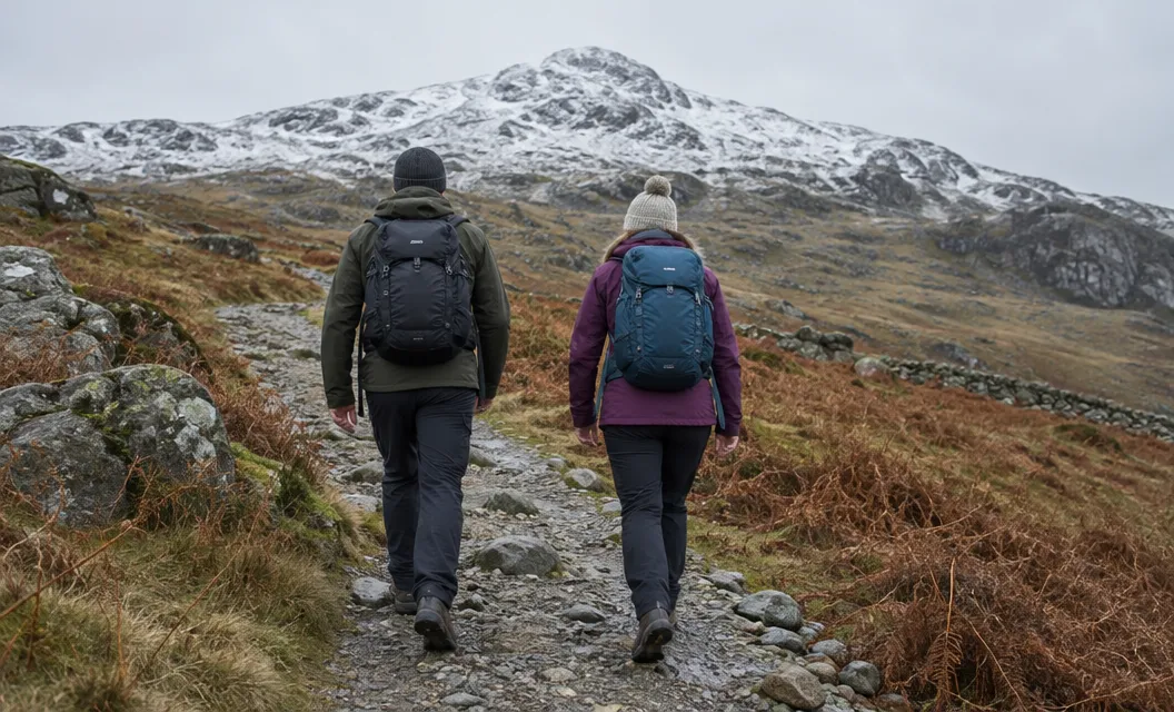 Two walkers on a stony path, snow on the summit ahead.