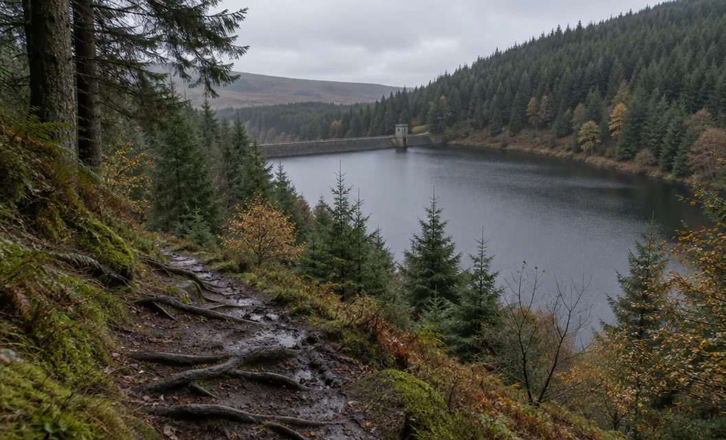 A wooded lake seen from a steep path.