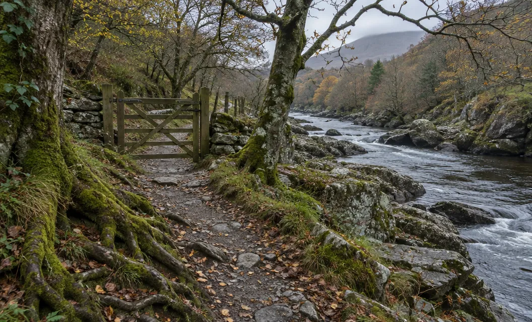 A rocky riverbank with tree roots and a gate.