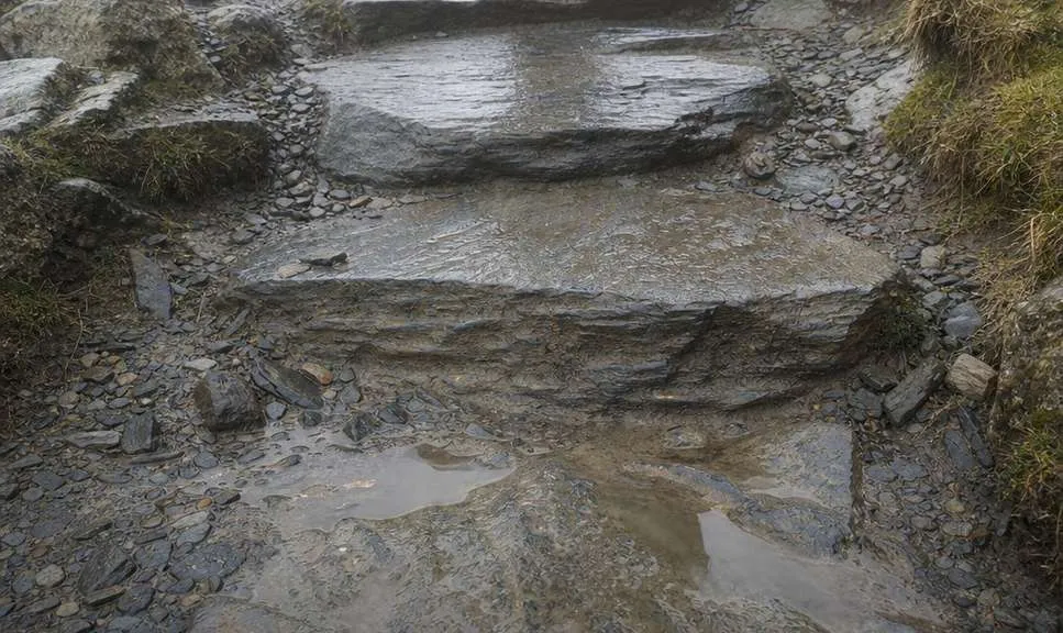 Worn wet stone steps on a busy Welsh mountain path