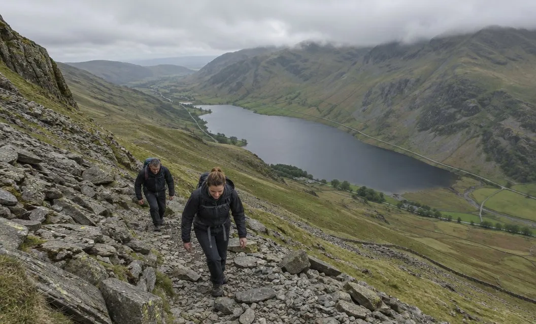 Two walkers climbing a steep, rough scree path high above a valley lake and road.