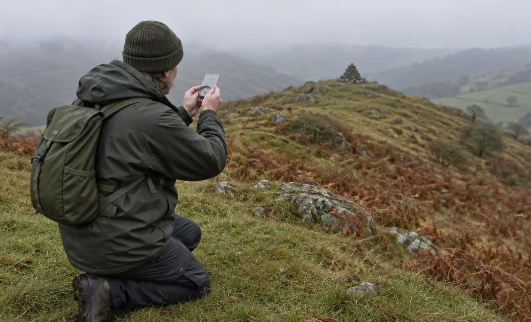 A walker kneeling on a misty hillside, holding a baseplate compass flat to take a bearing.