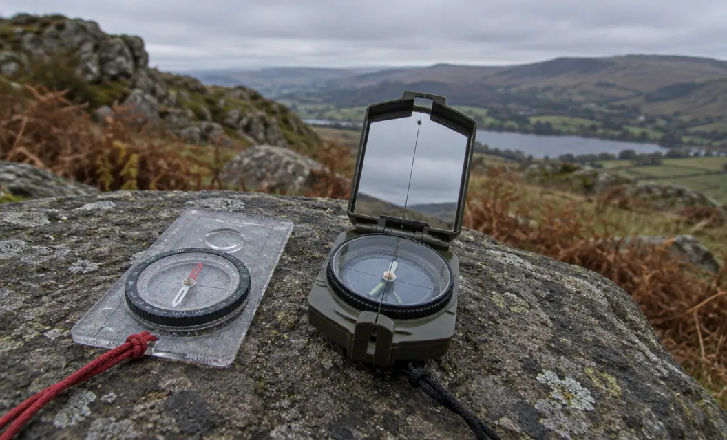 A baseplate compass and a folding mirror compass side by side on a flat rock.