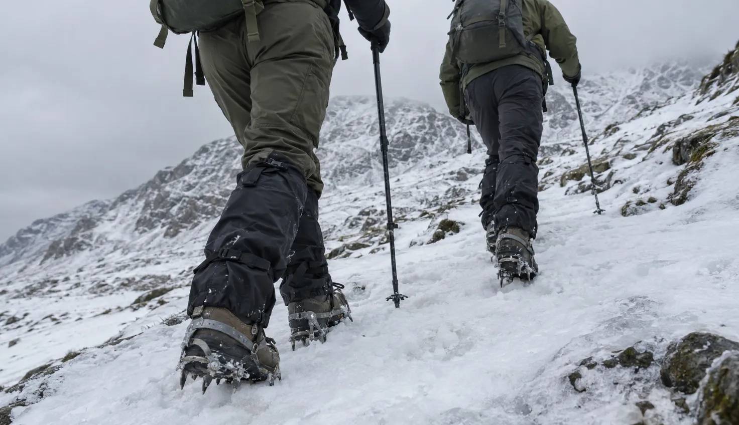 The boots of two walkers in strap crampons, the steel points biting into firm snow on a steep winter slope.