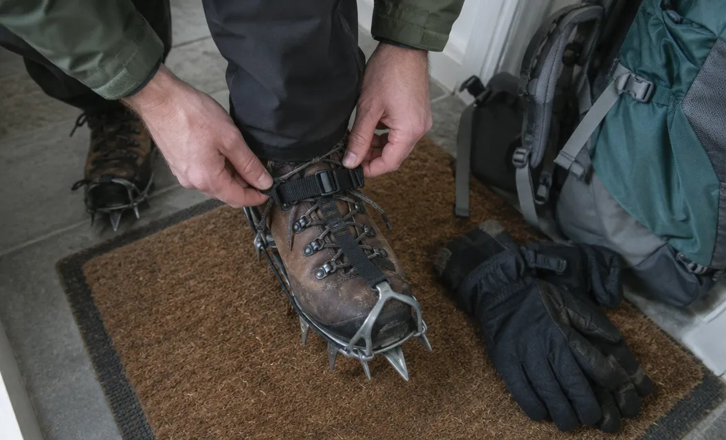 Two hands fitting a strap crampon to a walking boot on a hallway floor before a winter walk.