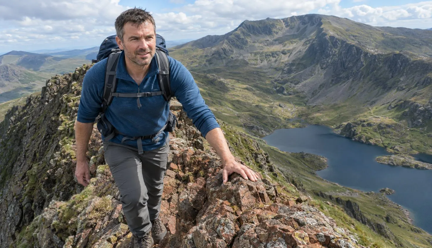 A walker moving carefully along the narrow rocky crest of Crib Goch on a clear day