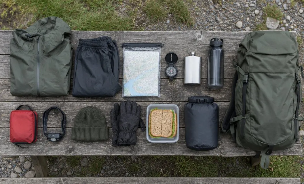 A day's hill-walking kit laid out on a picnic bench beside an empty daypack.