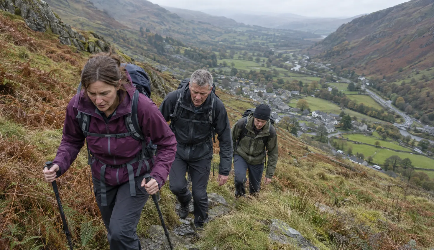 Three walkers climbing a very steep grassy path, a deep valley far below behind them.