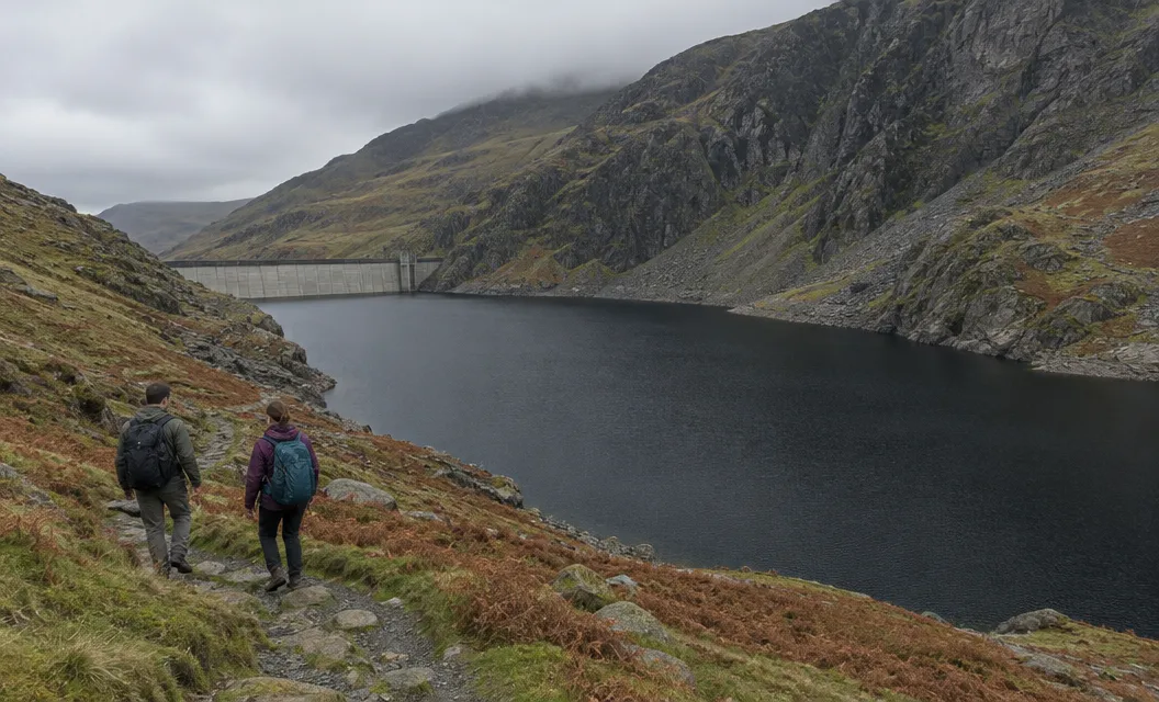 Two walkers on a path above a dark mountain reservoir with a concrete dam at one end.