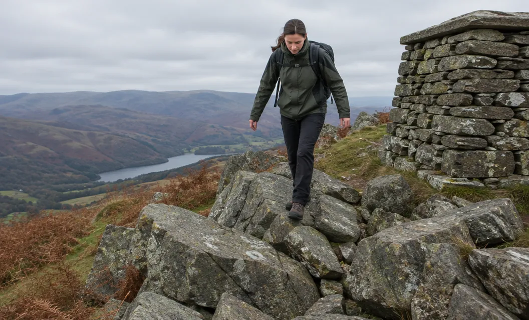 A walker stepping across large angular boulders on a summit, beside a low stone shelter.