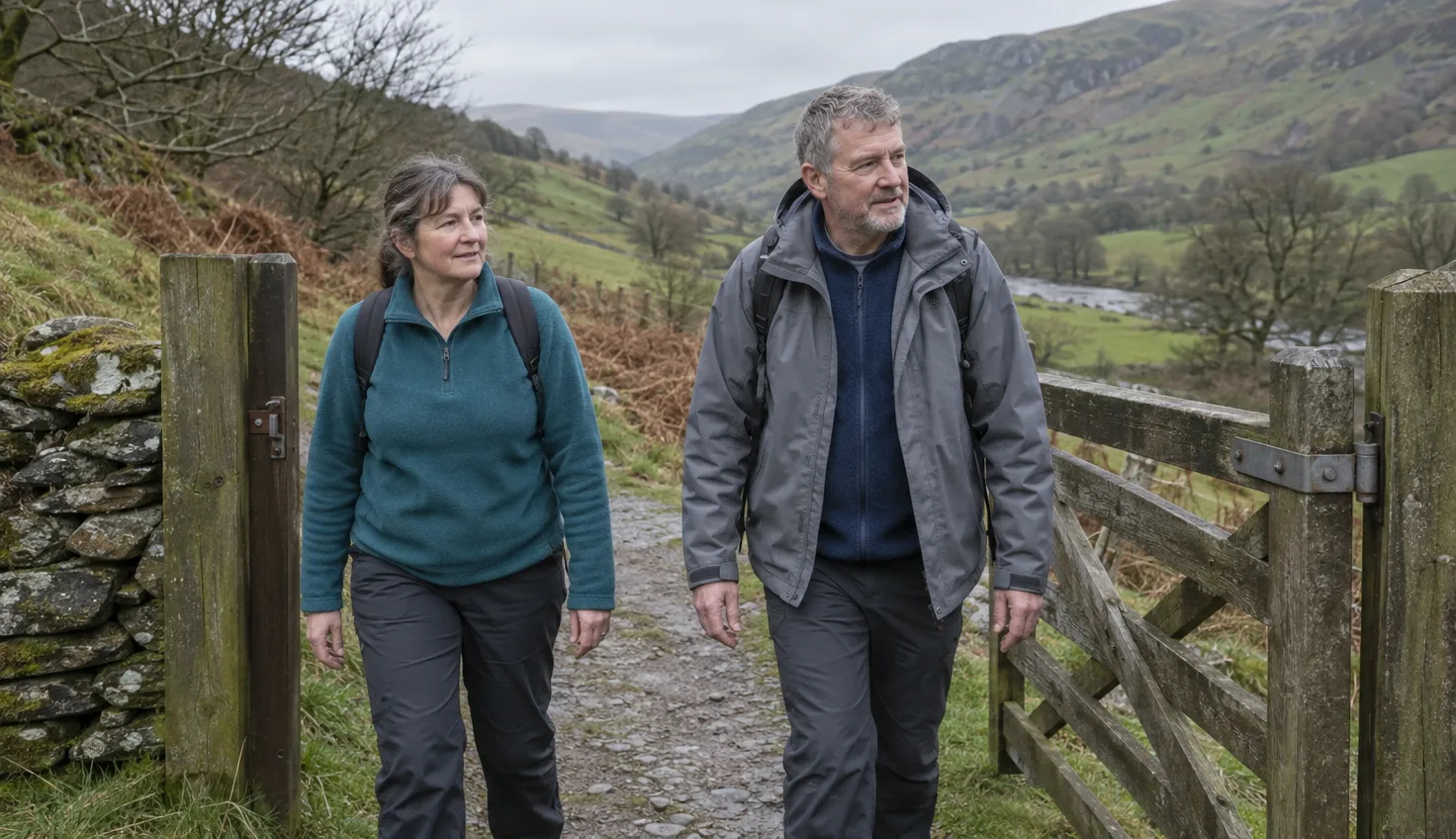 Two walkers passing through a wooden gate on a valley path, one in a fleece and the other an open waterproof.