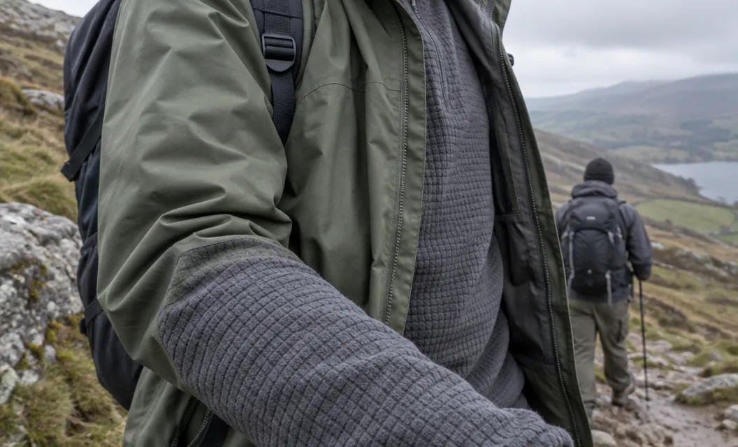 Grid-textured fleece worn under an open waterproof jacket.