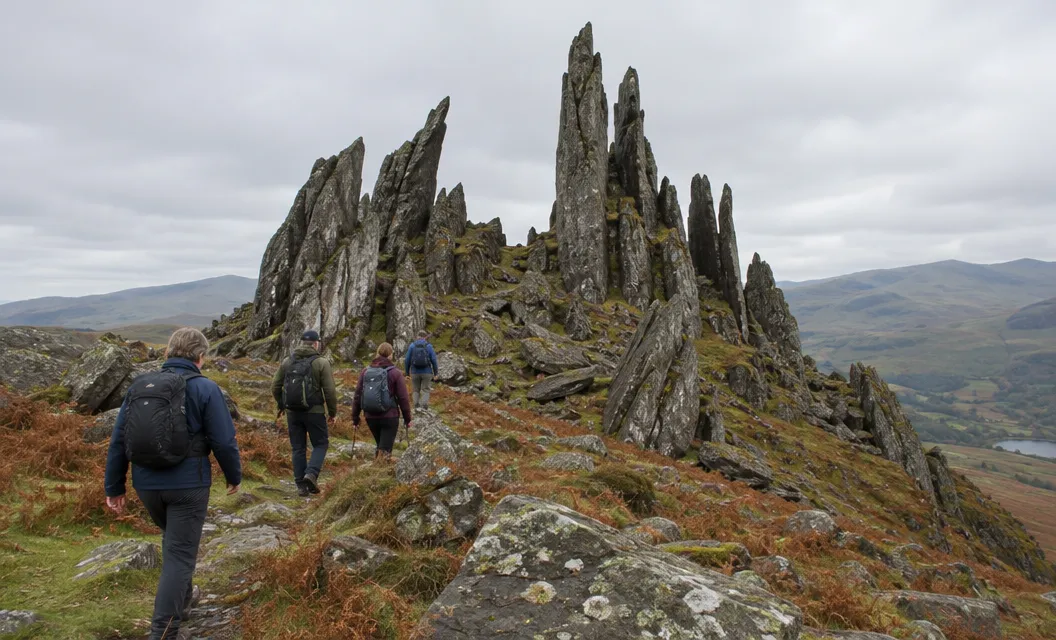 A line of walkers below a cluster of tall, spiky, shattered rock spines on a high plateau.