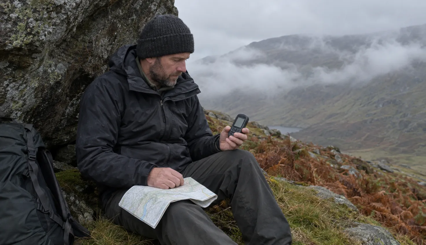 A walker in a dark insulated jacket sheltering by a boulder on a misty col, holding a handheld GPS with a map on one knee.