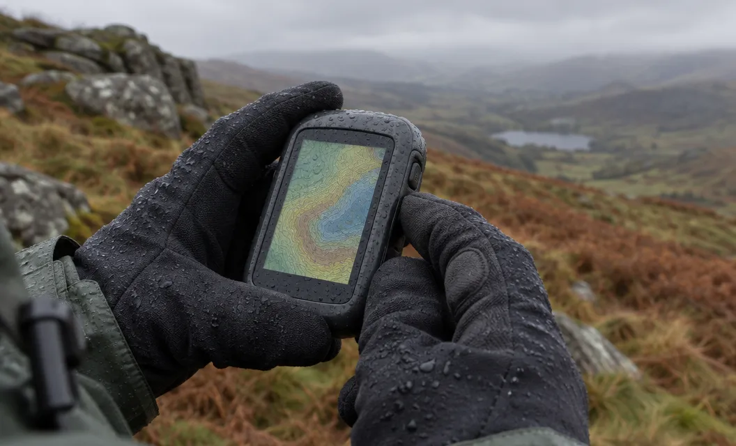 Gloved hands pressing the side buttons of a handheld GPS unit in light rain.