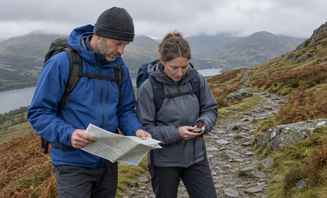 Two walkers on a stony path in thin cloud, one reading a paper map, the other holding a compass.