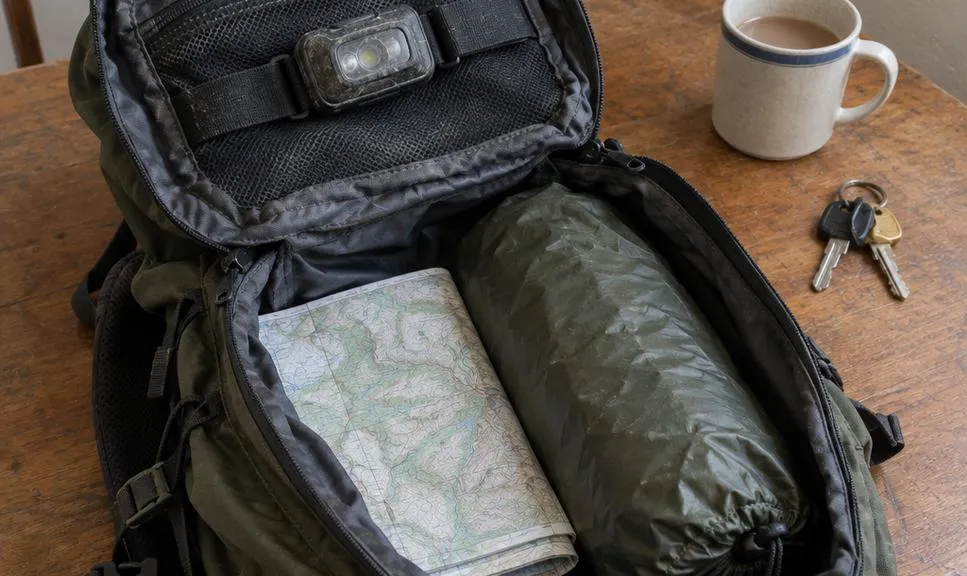 An open daypack on a kitchen table with a head torch strapped into the lid pocket, a folded paper map and a rolled waterproof packed beside it.