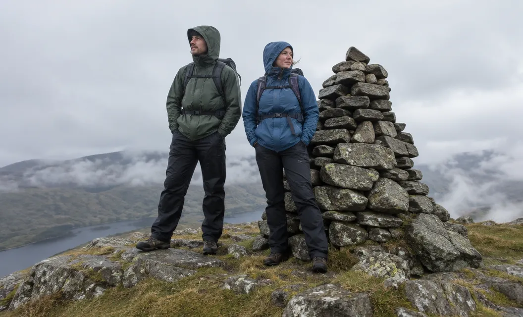 Two walkers in waterproofs beside a large stone cairn on a rocky summit in drifting cloud.