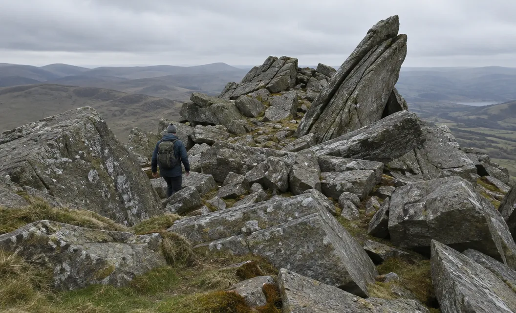 A summit plateau of huge angular boulders and slabs, with one small walker picking a way through.