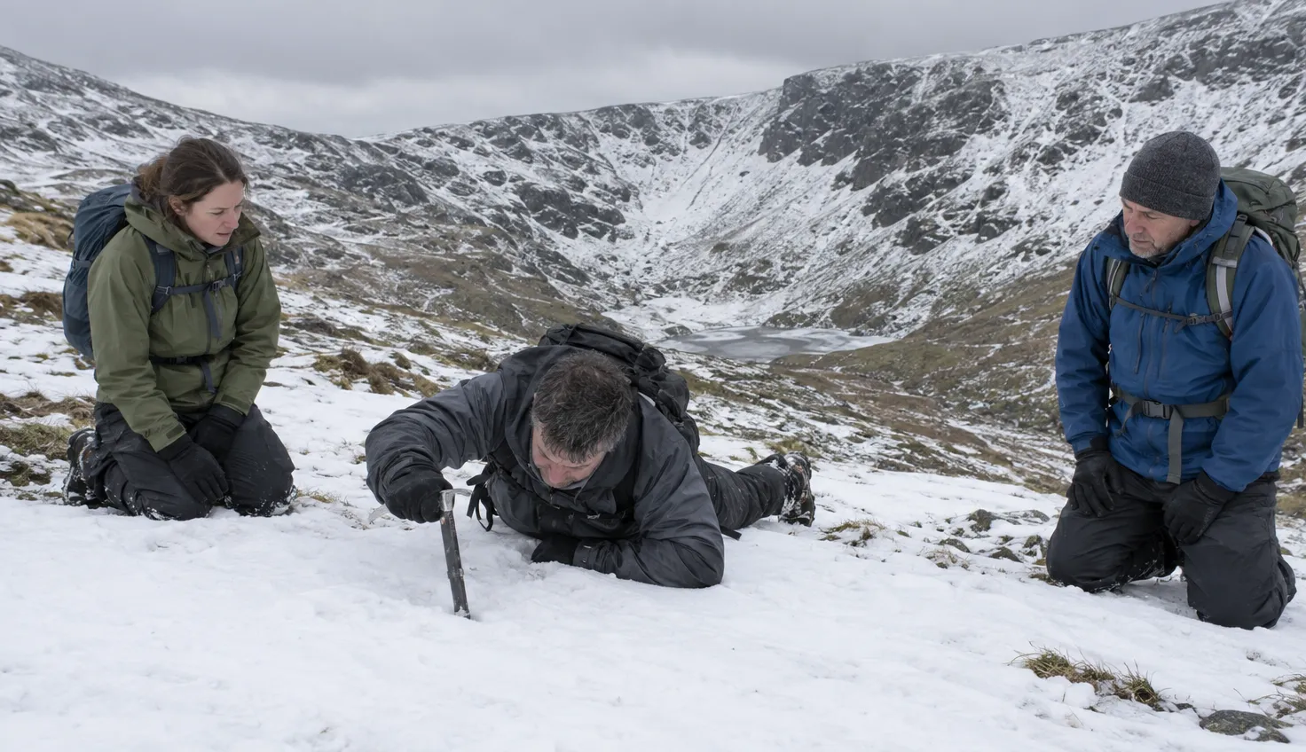 Three walkers practising ice axe self-arrest on a gentle snow slope with a flat run-out below.