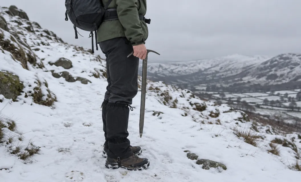 A walker holding a walking ice axe by its head at their side, the spike reaching near the ankle.