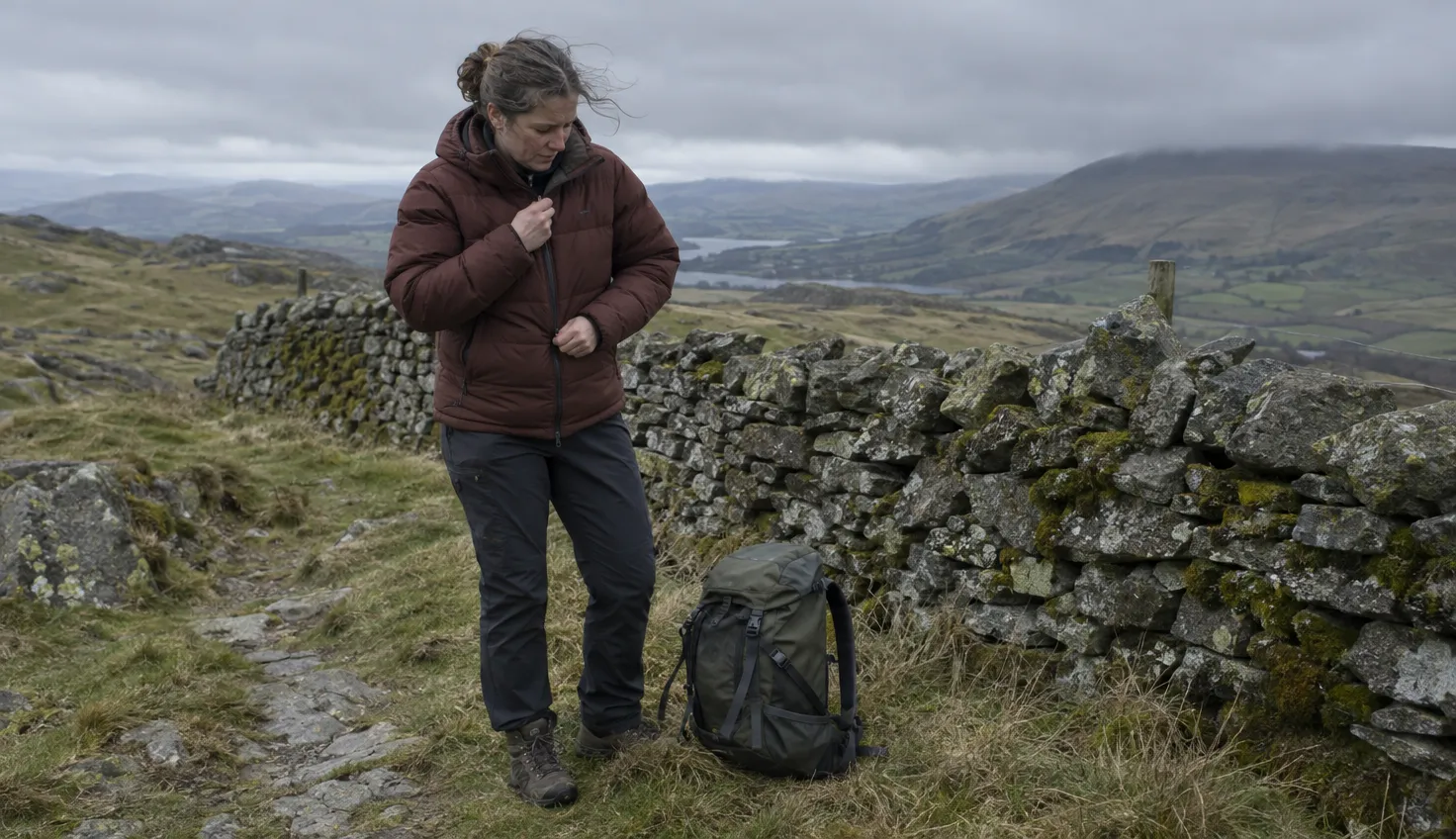 A walker putting on a padded jacket beside an upland stone wall, with a rucksack at their feet.