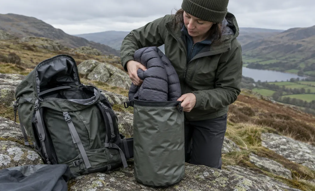 A padded jacket being placed inside a dry bag beside an open rucksack.