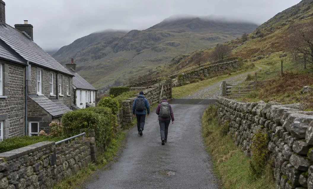 A steep lane leaving the top of a slate-roofed village, with two walkers heading up towards open hillside.