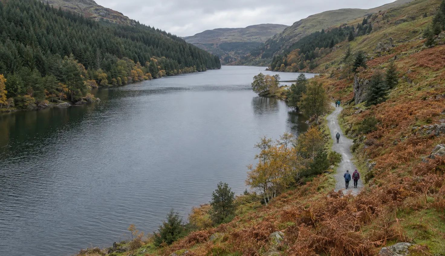 A calm lake in a narrow forested valley, a gravel track running along its shore.