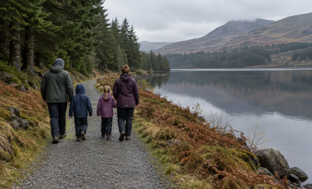 A family walking a gravel track between conifers and a still lake.