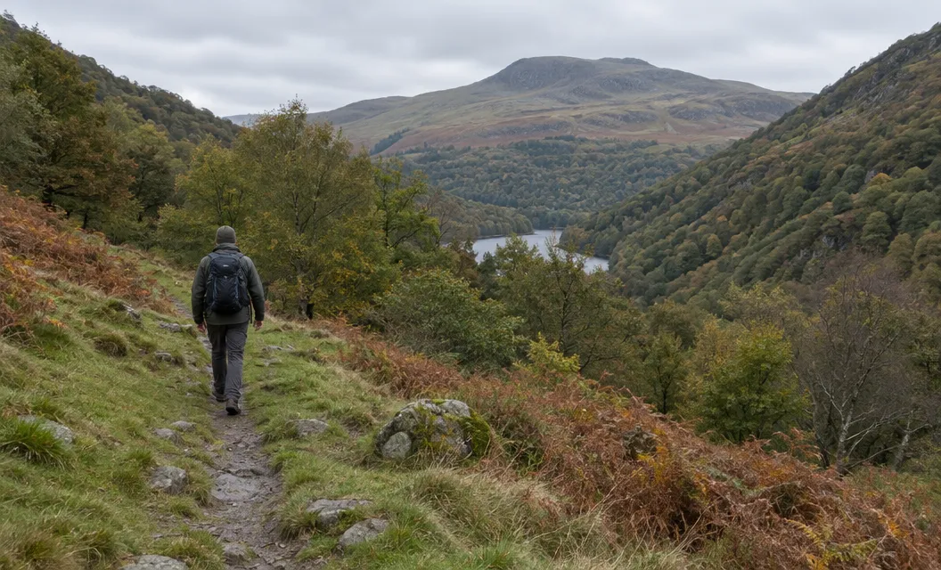 A walker on a footpath over a low grassy pass, a lake glimpsed in the valley below.