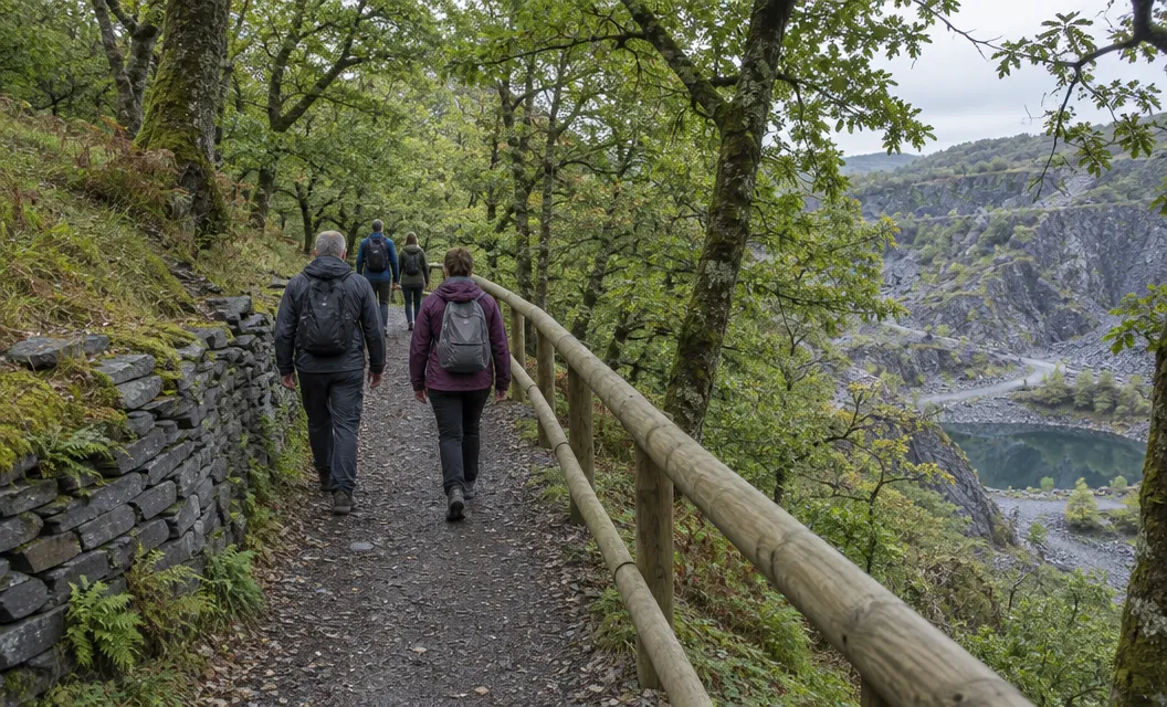 A woodland footpath with old slate walls and a timber handrail.