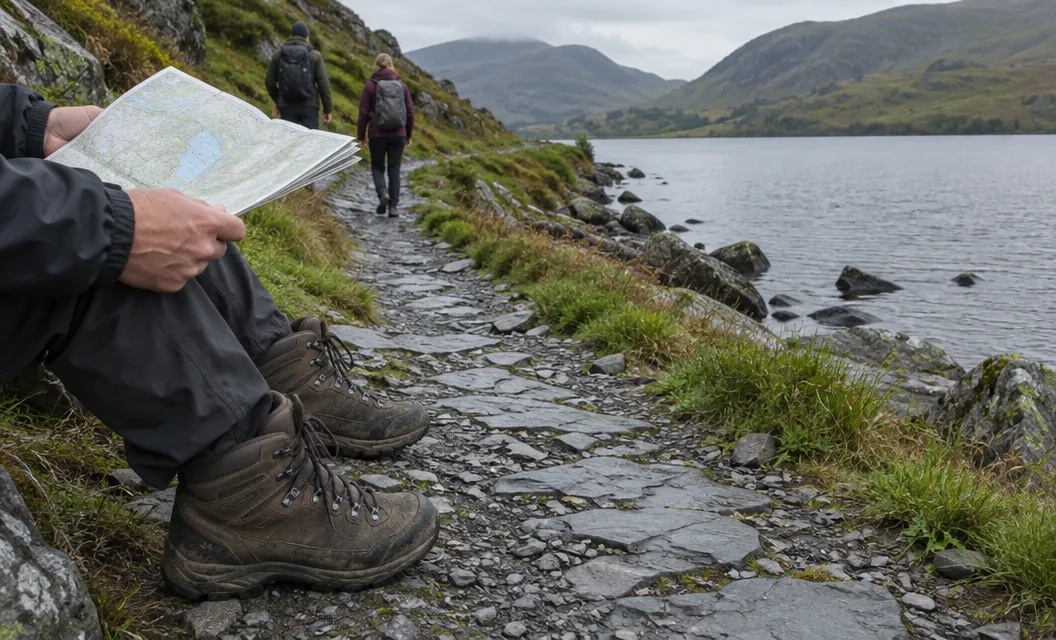 Walking boots and a folded paper map on a slate lakeside path.