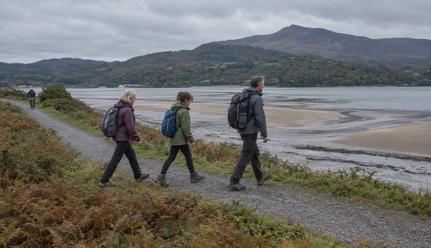 Three walkers on a flat trail beside a wide tidal estuary, a cyclist far ahead and hills beyond.
