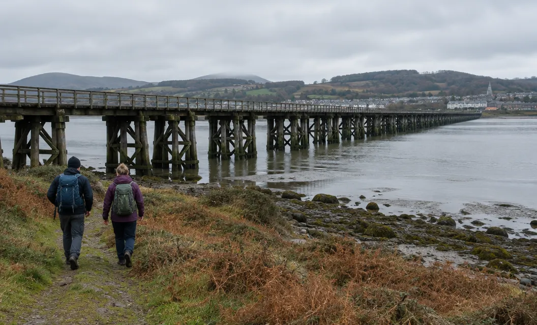 Two walkers on a shore path beside a long low timber viaduct crossing a wide estuary.