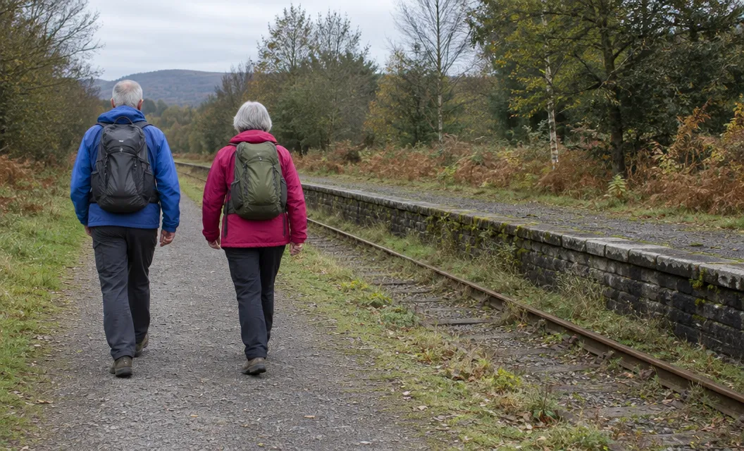 Two older walkers passing an old railway platform edge on a level tree-lined trail.