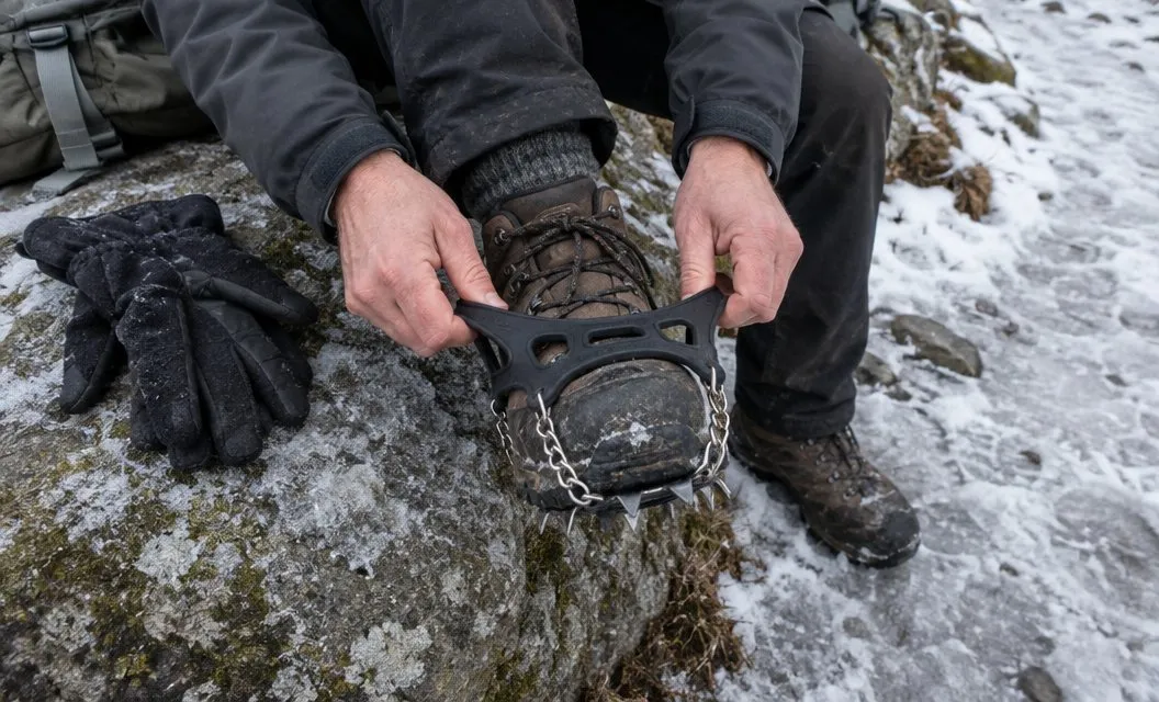 Two hands stretching a rubber traction harness with chains and small spikes over the toe of a walking boot, on a frosty boulder.