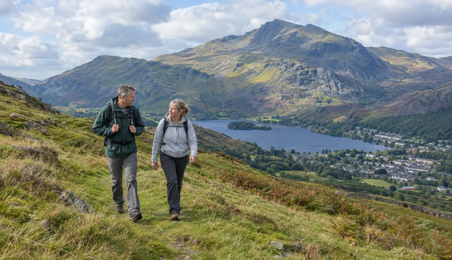 Two walkers on the broad grassy Moel Eilio ridge above Llanberis