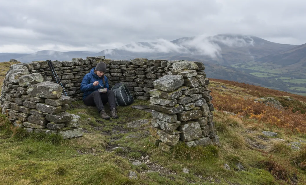A walker sitting inside a low circular stone shelter on a grassy summit.