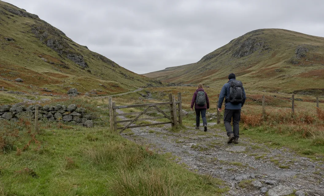 Two walkers on a rough track through a gate in a wide grassy pass.