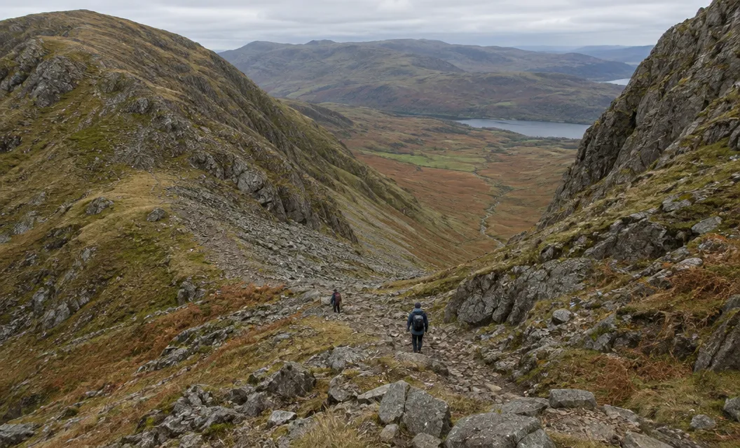 Two small walkers on a steep rocky col between two summits.