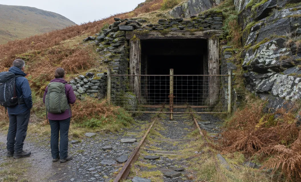 Two walkers at the fenced entrance of an old slate mine tunnel.