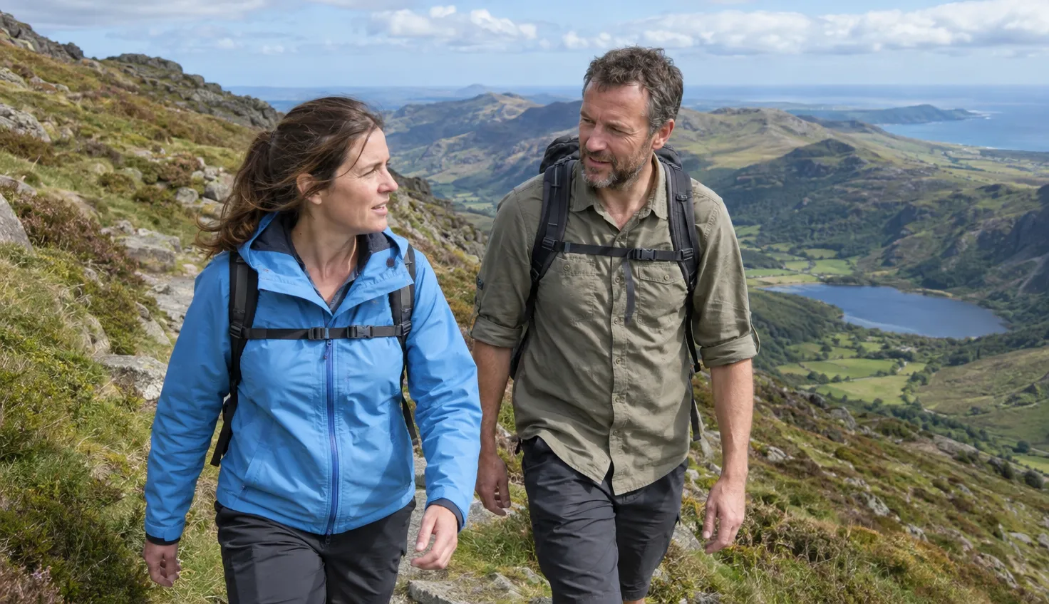 Two walkers on the narrow Nantlle Ridge path with the valley and the sea below