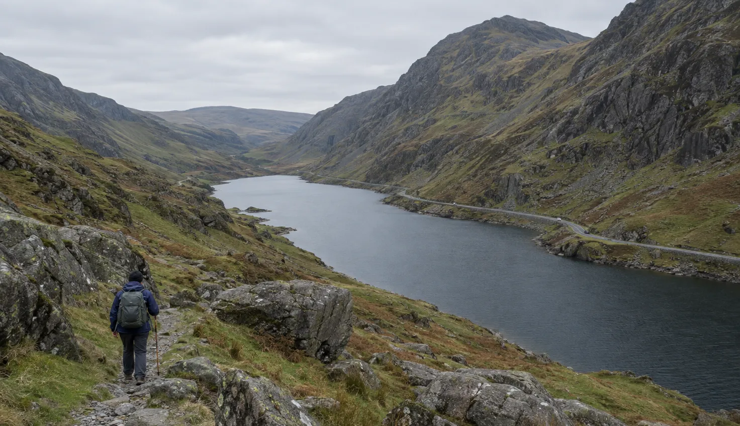 A walker looking along a rocky mountain valley beside a lake, with a road on the opposite shore.