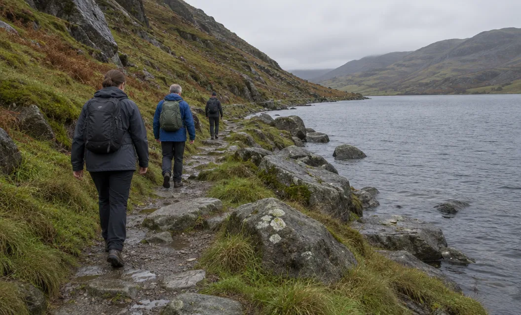 A rough lakeshore path with uneven boulders and wet grass.