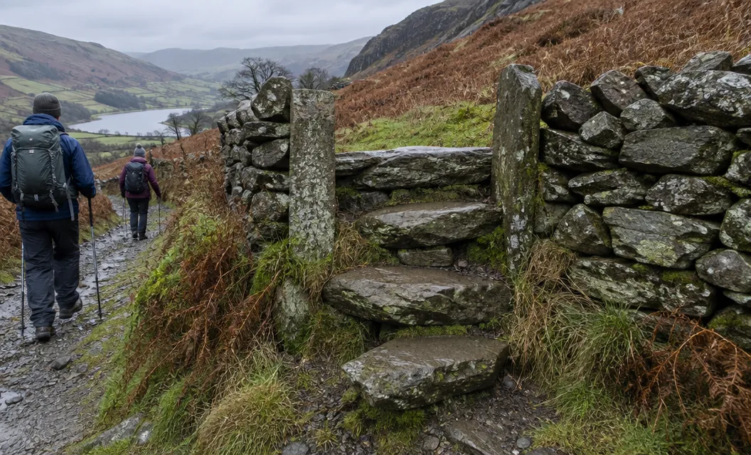 An old stone step stile in a dry stone wall beside a steep path, walkers further down.